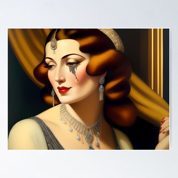 Item preview, "As Tears Go By;" art deco sad Jazz Age flapper with single teardrop streaming down her face female brunette golden tears still life portrait painting designed and sold by Jéanpaul  Ferro.