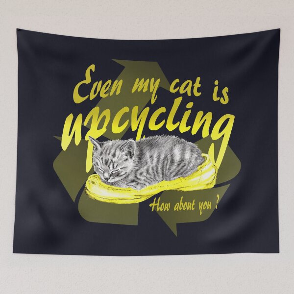 Item preview, Sleeping kitten in old shoe - graphite version, Upcycling text in yellow colorized English designed and sold by SylvieG18.