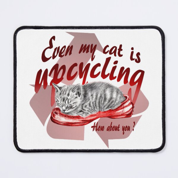 Item preview, Sleeping kitten in old shoe - graphite version, Upcycling text in red colorized English designed and sold by SylvieG18.