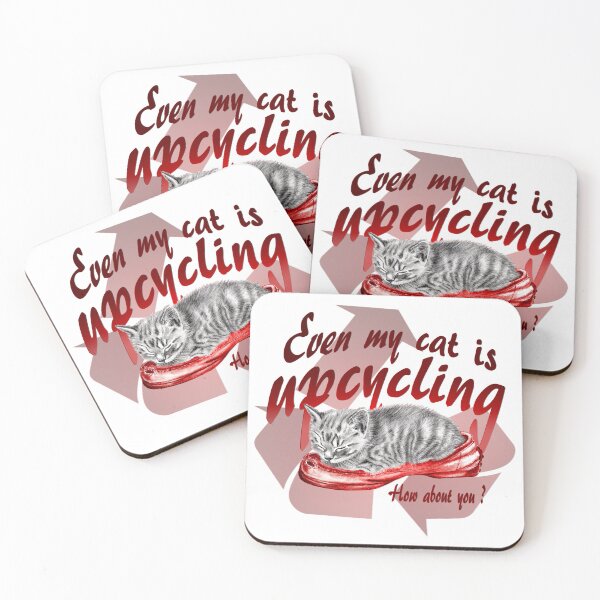 Item preview, Sleeping kitten in old shoe - graphite version, Upcycling text in red colorized English designed and sold by SylvieG18.