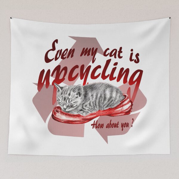 Item preview, Sleeping kitten in old shoe - graphite version, Upcycling text in red colorized English designed and sold by SylvieG18.