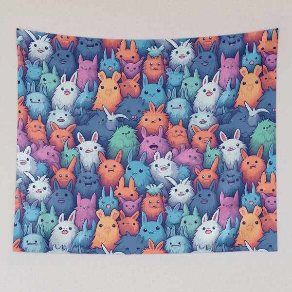 Item preview, Monster Made Friends 2, colorful pastel cute fluffy furry monsters, smiling, laughing, pulling faces, navy, blue, orange, mint, fairytales and funny creatures. designed and sold by FoxRobinRabbit.