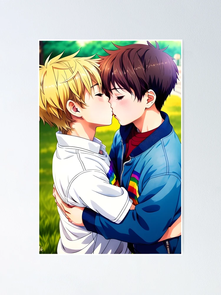 Anime Boys Kissing - LGBT+ Love with a Rainbow Background Poster