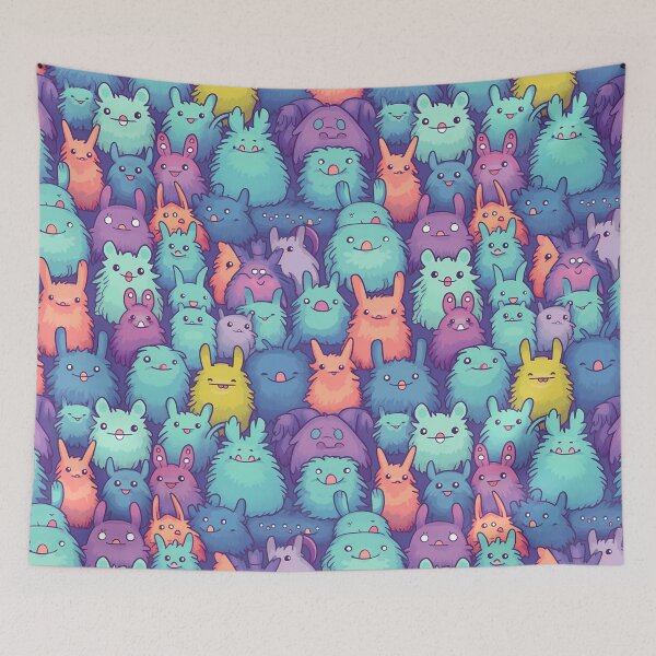 Item preview, Monster Made Friends 3, colorful pastel cute fluffy furry monsters, smiling, laughing, pulling faces, navy, blue, mint, orange, purple, fairytales and funny creatures. designed and sold by FoxRobinRabbit.