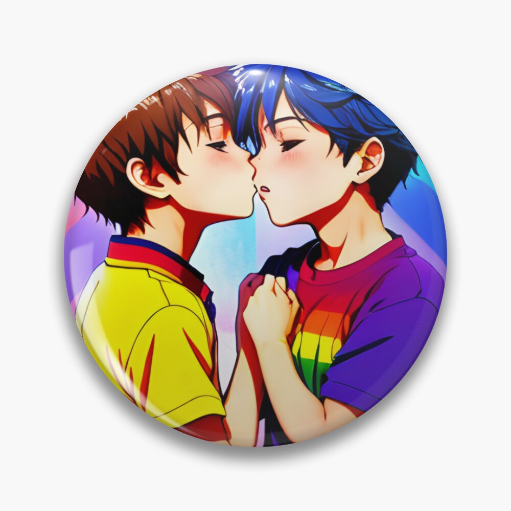 Anime Boys Kissing - LGBT+ Love with a Rainbow Background Poster