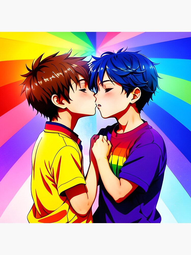 Anime Boys Kissing - LGBT+ Love with a Rainbow Background Poster