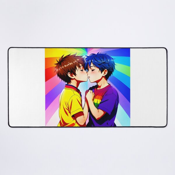 Anime Boys Kissing - LGBT+ Love with a Rainbow Background Poster