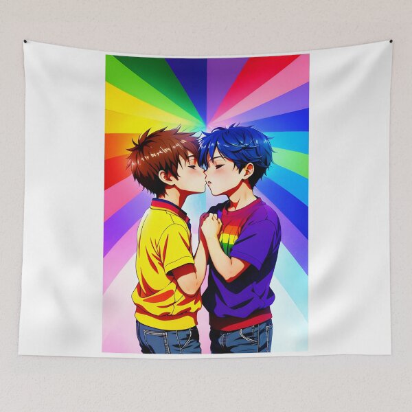 Item preview, Anime Boys Kissing - LGBT+ Love with a Rainbow Background designed and sold by emanuele6698.