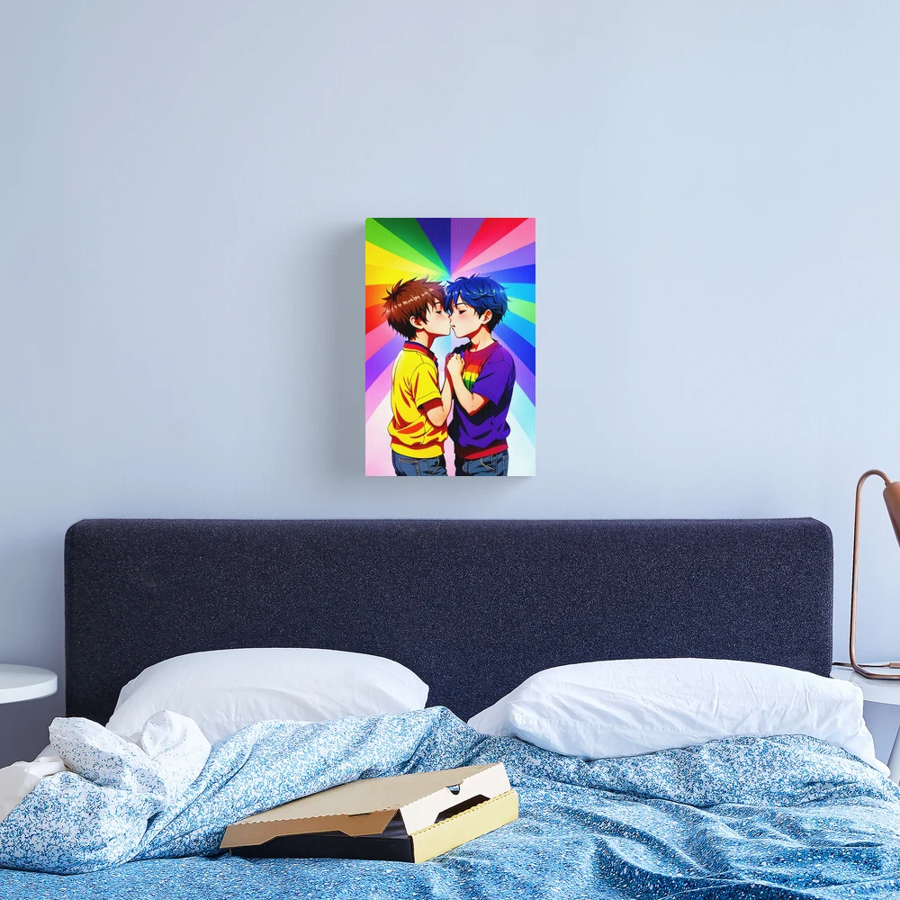 Anime Boys Kissing - LGBT+ Love with a Rainbow Background Poster