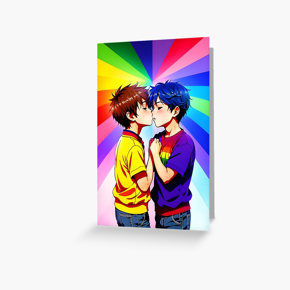 Anime Boys Kissing - LGBT+ Love with a Rainbow Background | Greeting Card