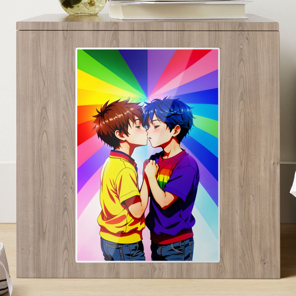 Anime Boys Kissing - LGBT+ Love with a Rainbow Background Poster