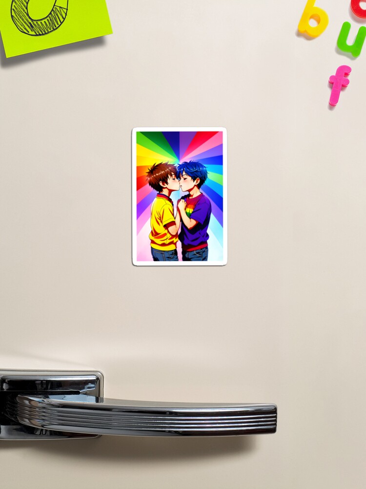 Anime Boys Kissing - LGBT+ Love with a Rainbow Background Poster