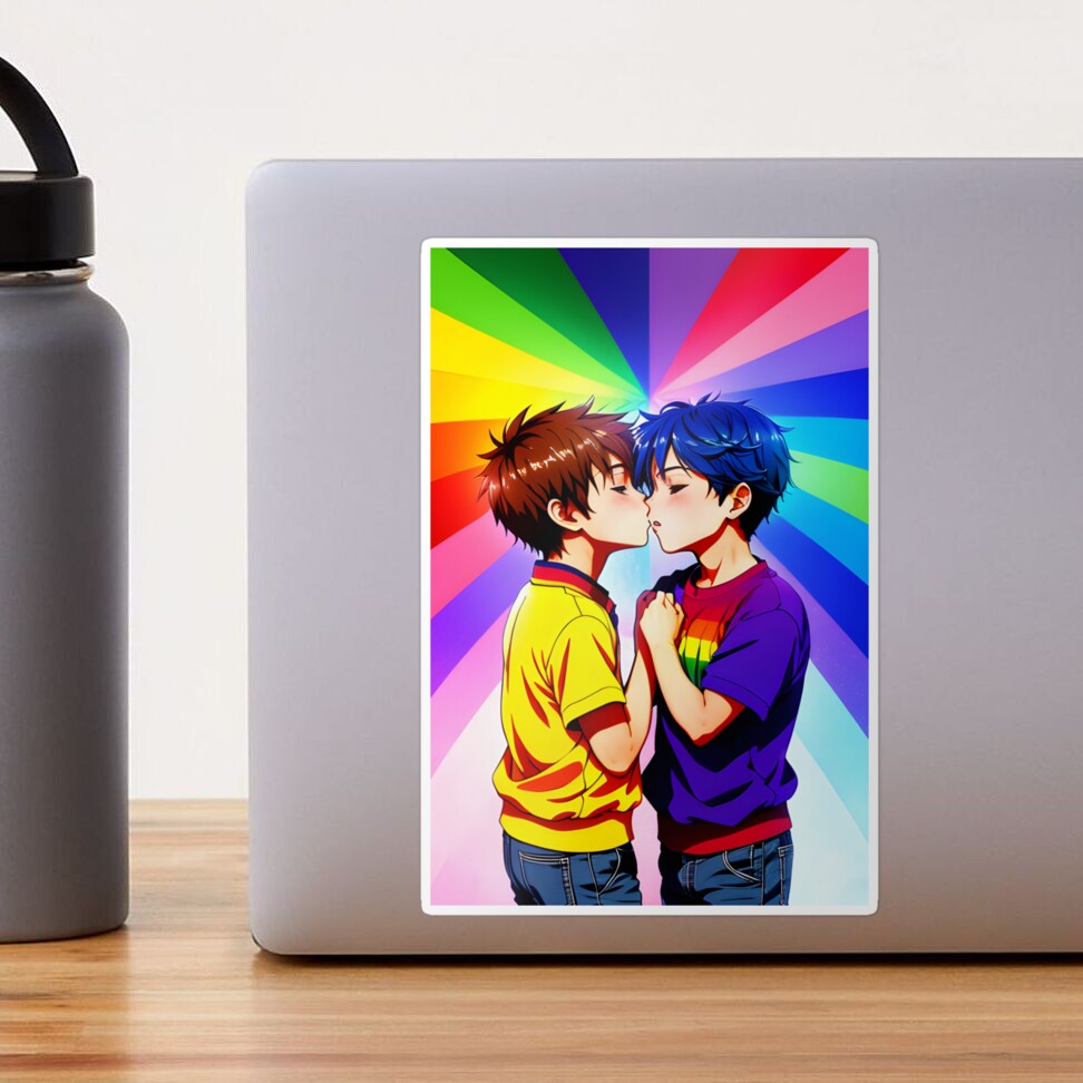 Anime Boys Kissing - LGBT+ Love with a Rainbow Background Poster