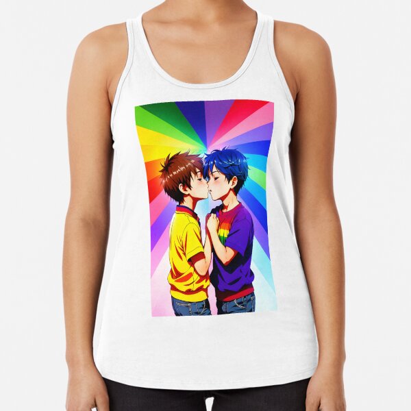 Anime Boys Kissing - LGBT+ Love with a Rainbow Background Poster