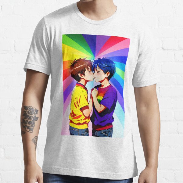 Anime Boys Kissing - LGBT+ Love with a Rainbow Background Poster