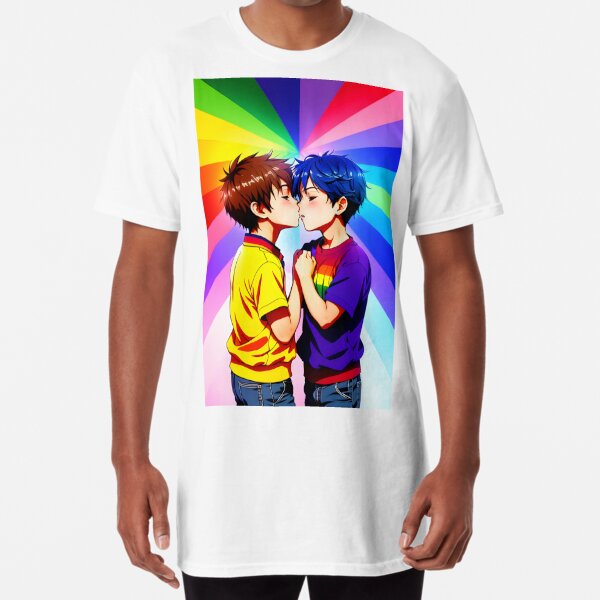 Anime Boys Kissing - LGBT+ Love with a Rainbow Background Poster