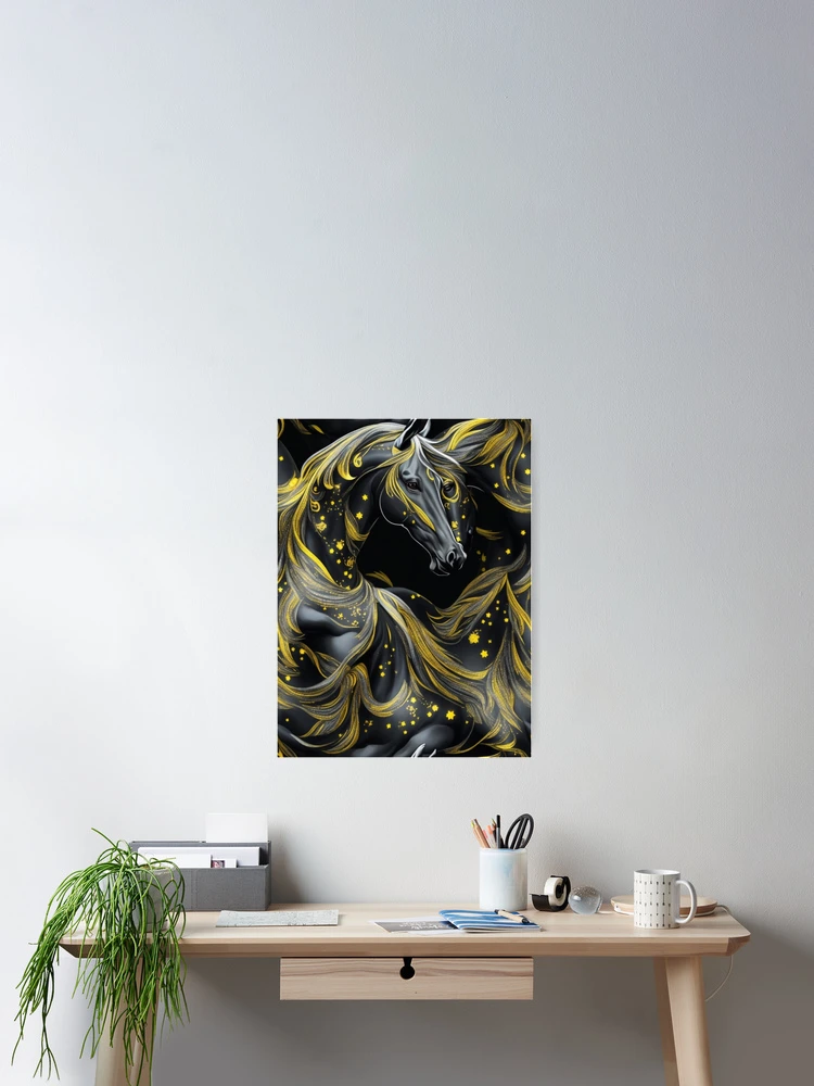 Aperçu 2 sur 3. Poster avec l'œuvre Dreaming of horses, yellow and black themed pattern créée et vendue par Rothnaric.