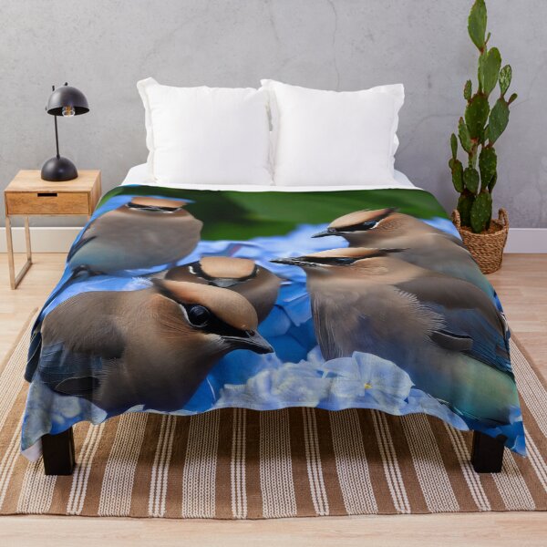 Item preview, Cedar Waxwing Birds on Blue Hydrangea Flowers designed and sold by CattyCornerPOD.