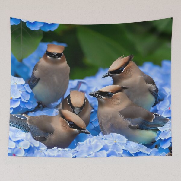 Item preview, Cedar Waxwing Birds on Blue Hydrangea Flowers designed and sold by CattyCornerPOD.