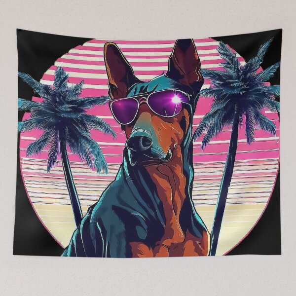 Item preview, 80's retro vaporwave funny doberman in sunglasses on palm beach sunset designed and sold by TomFrontierArt.