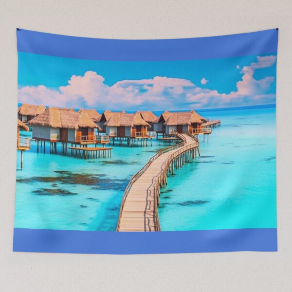 Item preview, Tropical Paradise - Tiki Huts on the Water in Fiji Art Print, A Serene Island Escape designed and sold by Dubage603.