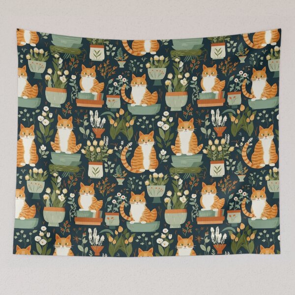 Item preview, Floral pattern with ginger cats  designed and sold by LiliesValley.