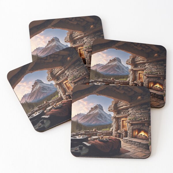 Item preview, A Cozy Mountain Lodge with a Stone Fireplace and Scenic Views, Ai Generated Art designed and sold by AiGens.