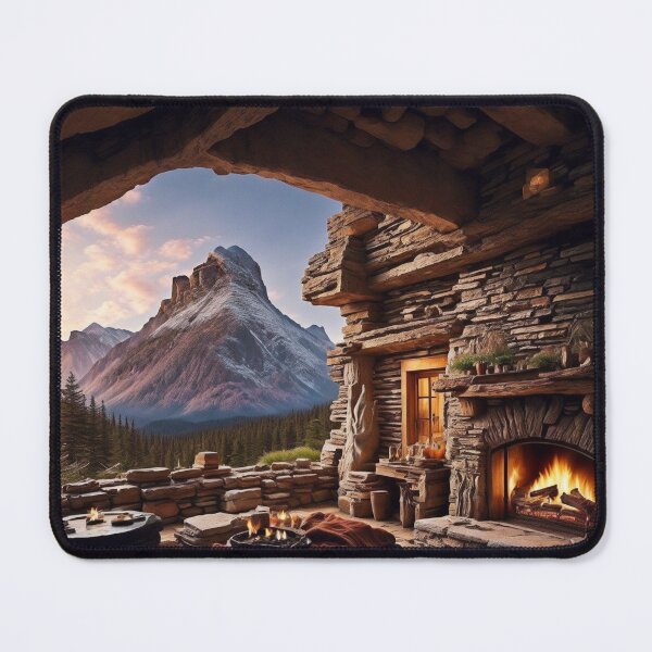 Item preview, A Cozy Mountain Lodge with a Stone Fireplace and Scenic Views, Ai Generated Art designed and sold by AiGens.