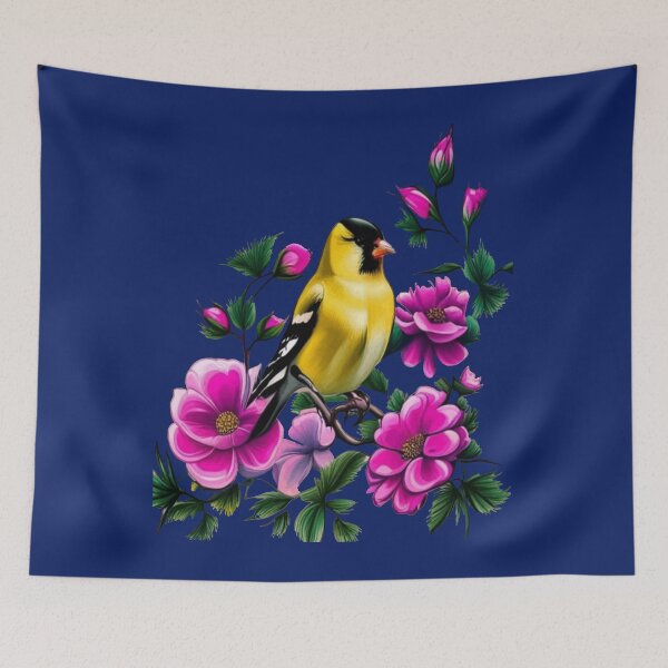Item preview, Goldfinch Surrounded By Pink Wild Roses Iowa State Tattoo Art designed and sold by taiche.
