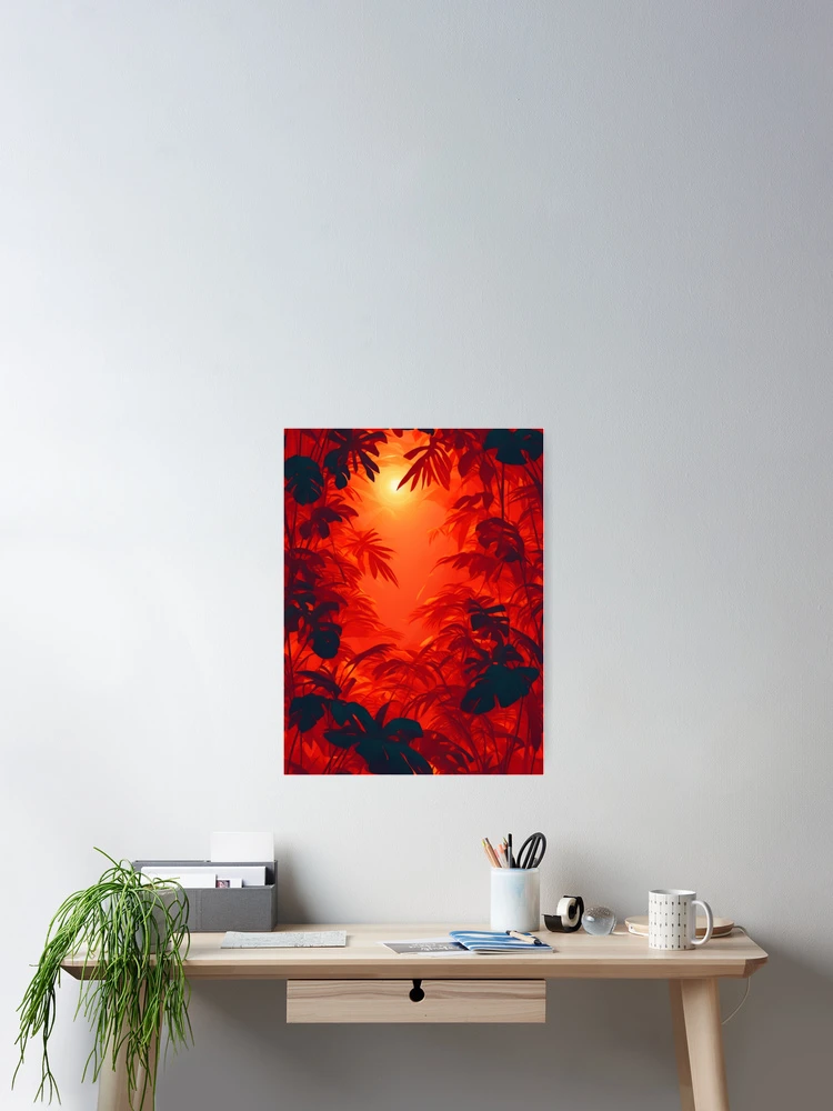 Aperçu 2 sur 3. Poster avec l'œuvre Deep orange sun through a jungle landscape pattern créée et vendue par Rothnaric.
