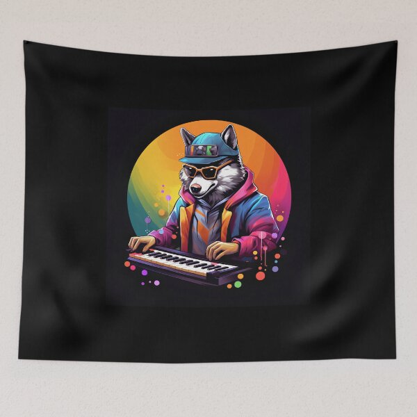 Item preview, Wolf play the piano colorful futuristic cartoon designed and sold by KimierArt.