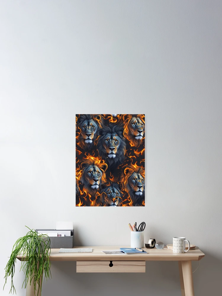 Aperçu 2 sur 3. Poster avec l'œuvre Lion heads in flames pattern créée et vendue par Rothnaric.