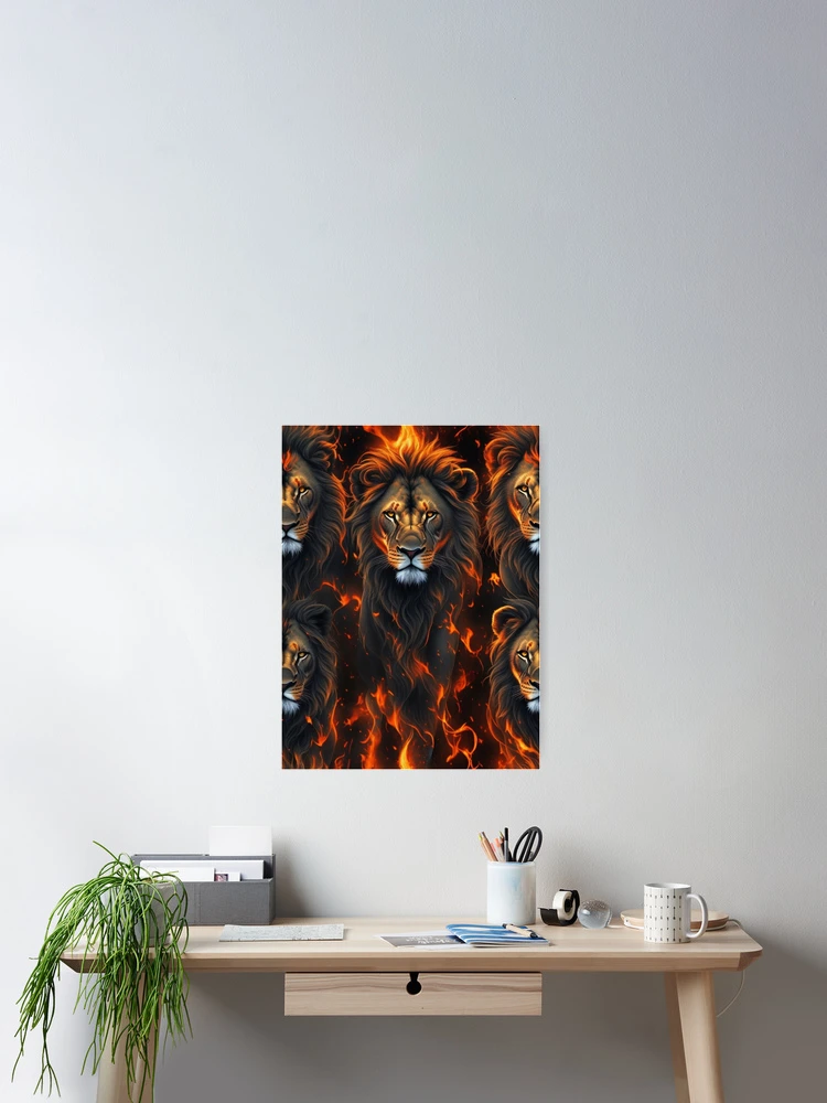 Aperçu 2 sur 3. Poster avec l'œuvre Pattern of a few lions walking through flames créée et vendue par Rothnaric.