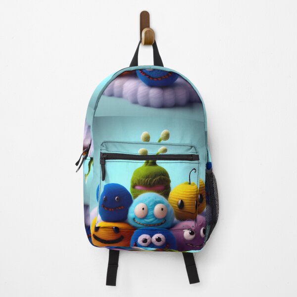 Item preview, Colorful assorted decorative woolen toys with funny faces placed on soft purple surface against blue background designed and sold by Mercurius-M.