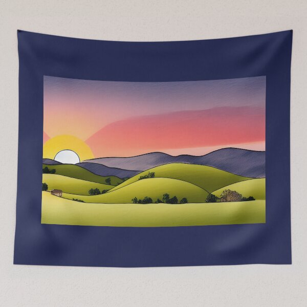 Item preview, Bright illustration of colorful countryside landscape in sunset time designed and sold by Mercurius-M.