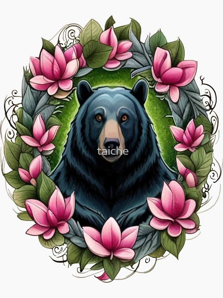 Black Bear With Magnolia Wreath Louisiana State Tattoo Art | Sticker