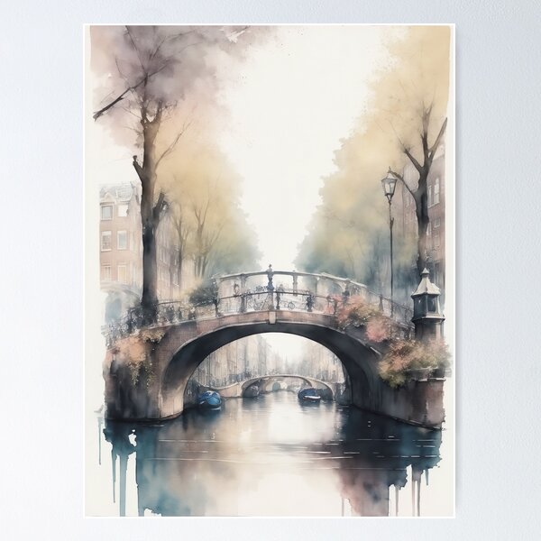 Aperçu de l'œuvre Pont-canal d'Amsterdam vintage : paysage urbain esthétique à l'aquarelle créée et vendue par Sergey Sedunov.