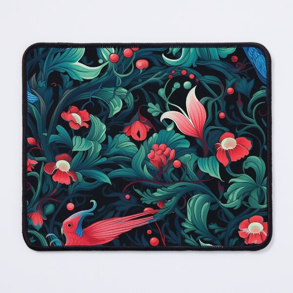 Item preview, Diseño de fantasía floral Pájaro rojo y azul Hojas verdes y rojas designed and sold by Counterbalance Dzigns.