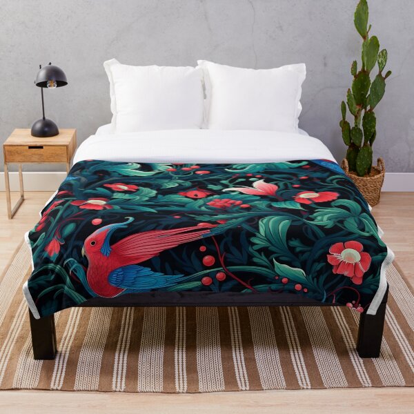 Artikelvorschau, Blumen-Fantasie-Design, rote und blaue Vögel, grüne und rote Blätter entworfen und verkauft von Counterbalance Dzigns.