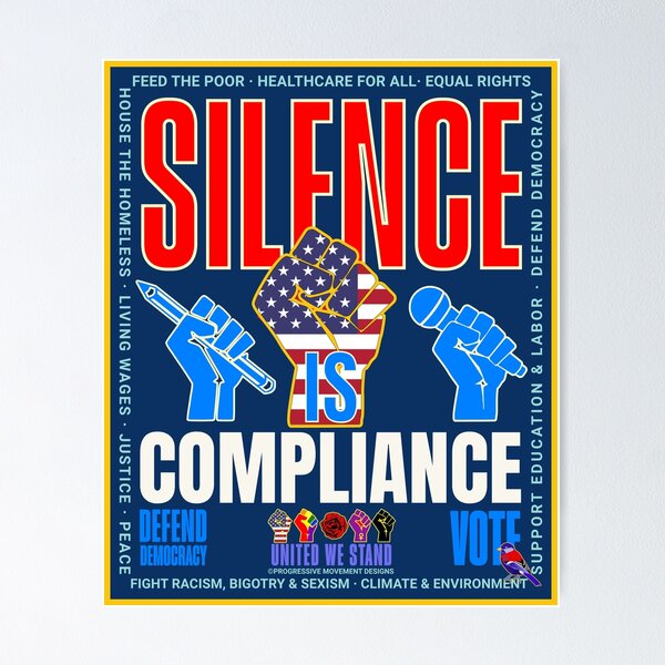 Artikel-Vorschau von PMD00952 Progressive Movement Designs: Das patriotische Design „American Silence is Compliance“ zeigt, dass Sie die Demokratie und die progressiven Ziele der Progressiven, Demokraten, Unabhängigen, Liberalen unterstützen, designt und verkauft von ProgressiveLeft.