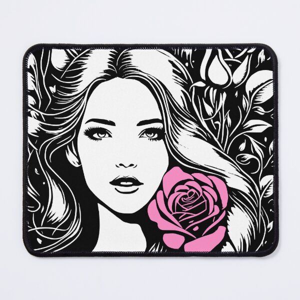 Item preview, Pretty Girl with Long Hair and Two Pink Roses Black and White  designed and sold by Shapes-Mania.