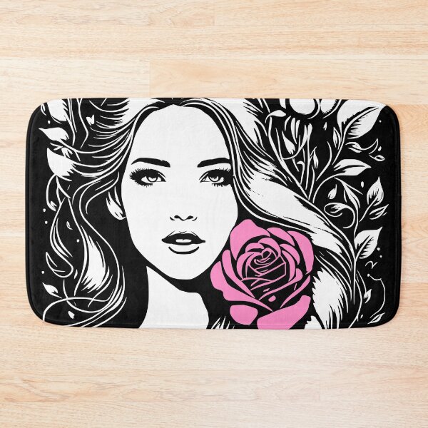 Item preview, Pretty Girl with Long Hair and Two Pink Roses Black and White  designed and sold by Shapes-Mania.