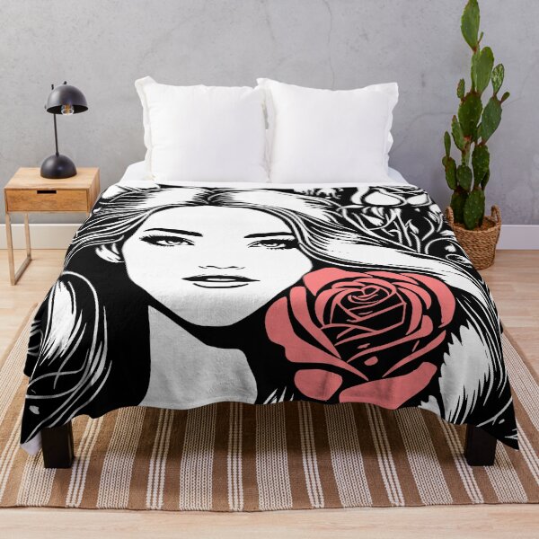 Item preview, Pretty Girl with Long Hair and Two Red Roses Black and White  designed and sold by Shapes-Mania.