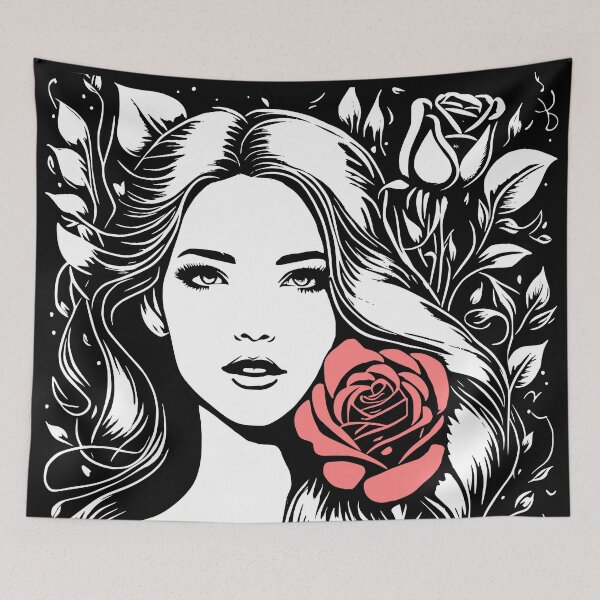 Item preview, Pretty Girl with Long Hair and Two Red Roses Black and White  designed and sold by Shapes-Mania.