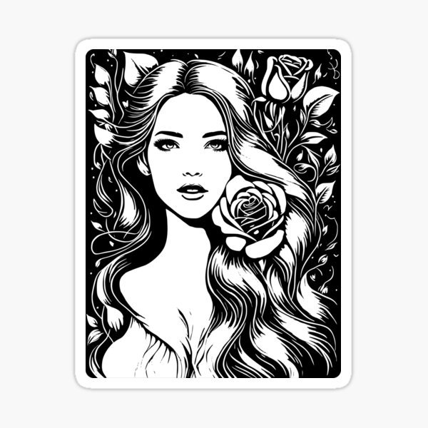Item preview, Pretty Girl with Long Hair and Two Roses Black and White  designed and sold by Shapes-Mania.