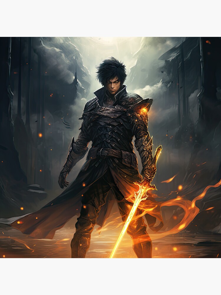 Thumbnail 3 of 3, Sticker, Male Anime Character Flaming Sword designed and sold by Garret Bohl.