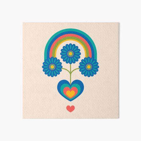 UNDER THE RAINBOW Folk Art Mid-Century Modern Scandi Floral SINGLE GRAPHIC With Flowers and Hearts on Cream - UnBlink Studio by Jackie Tahara Art Board Print