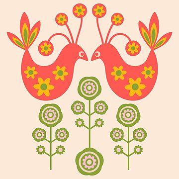 Artwork thumbnail, LOVE BIRDS Folk Art Mid-Century Modern Scandi Floral SINGLE GRAPHIC With Birds Flowers Feathers in Coral Orange Pink Yellow Green on Cream - UnBlink Studio by Jackie Tahara by Jackie Tahara of UnBlink Studio