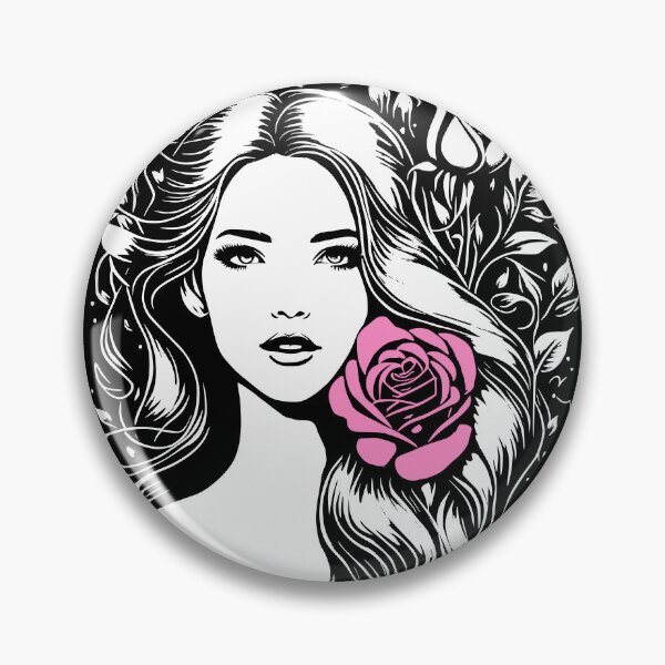 Item preview, Pretty Girl with Long Hair and Two Pink Roses Black and White  designed and sold by Shapes-Mania.