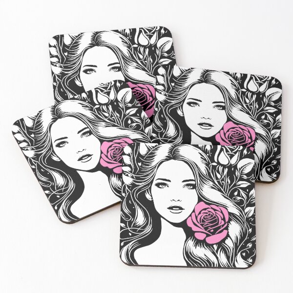 Item preview, Pretty Girl with Long Hair and Two Pink Roses Black and White  designed and sold by Shapes-Mania.